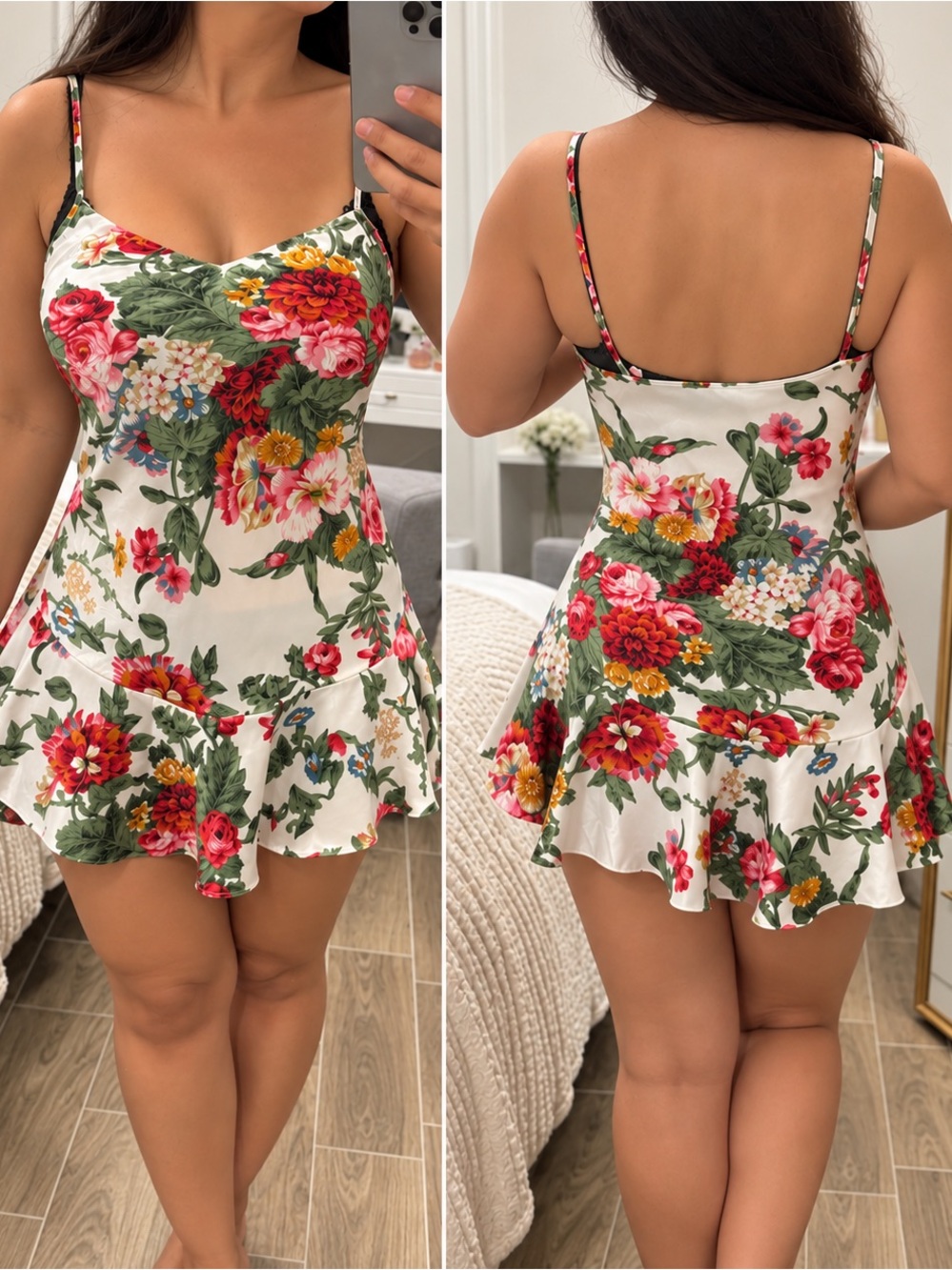 Vintage Y2K Sedli Floral Satin Slip Dress Ruffle Hem Cowl Neck Size M